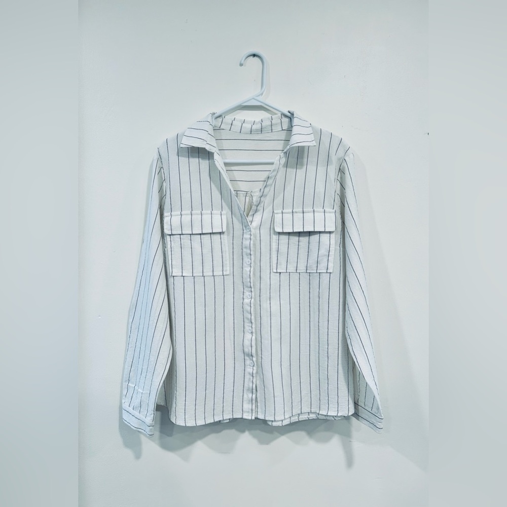 Women’s Striped Button Up 70% Cotton + 30% Linen Size XL